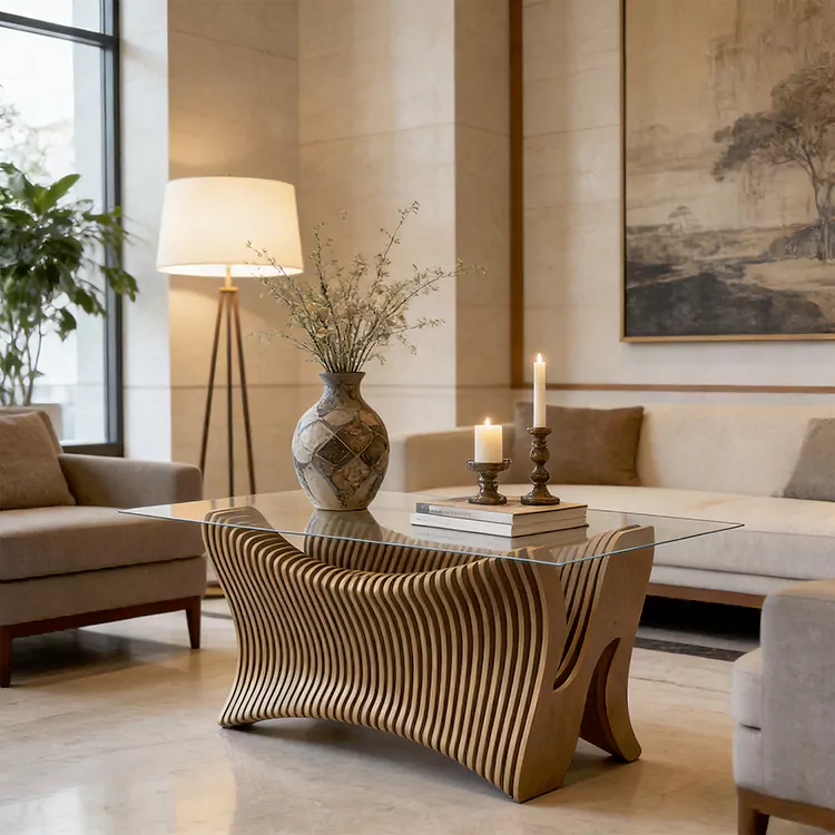 Tavolino da caffè in legno Wave con scultura parametrica